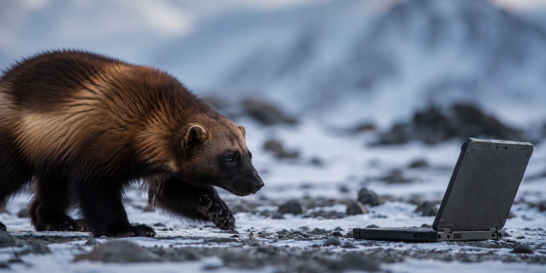 A wolverine on a snowy mountainside studying an open laptop, the Burly mascot deciding where a link belongs.