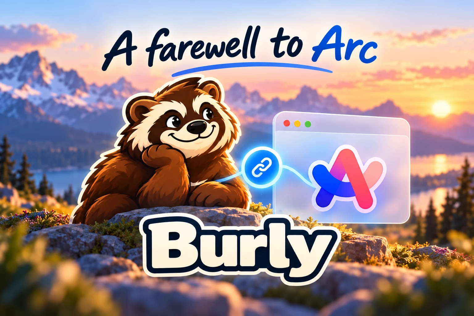 Burly’s wolverine beside an Arc browser window at sunset, connected by a glowing link.