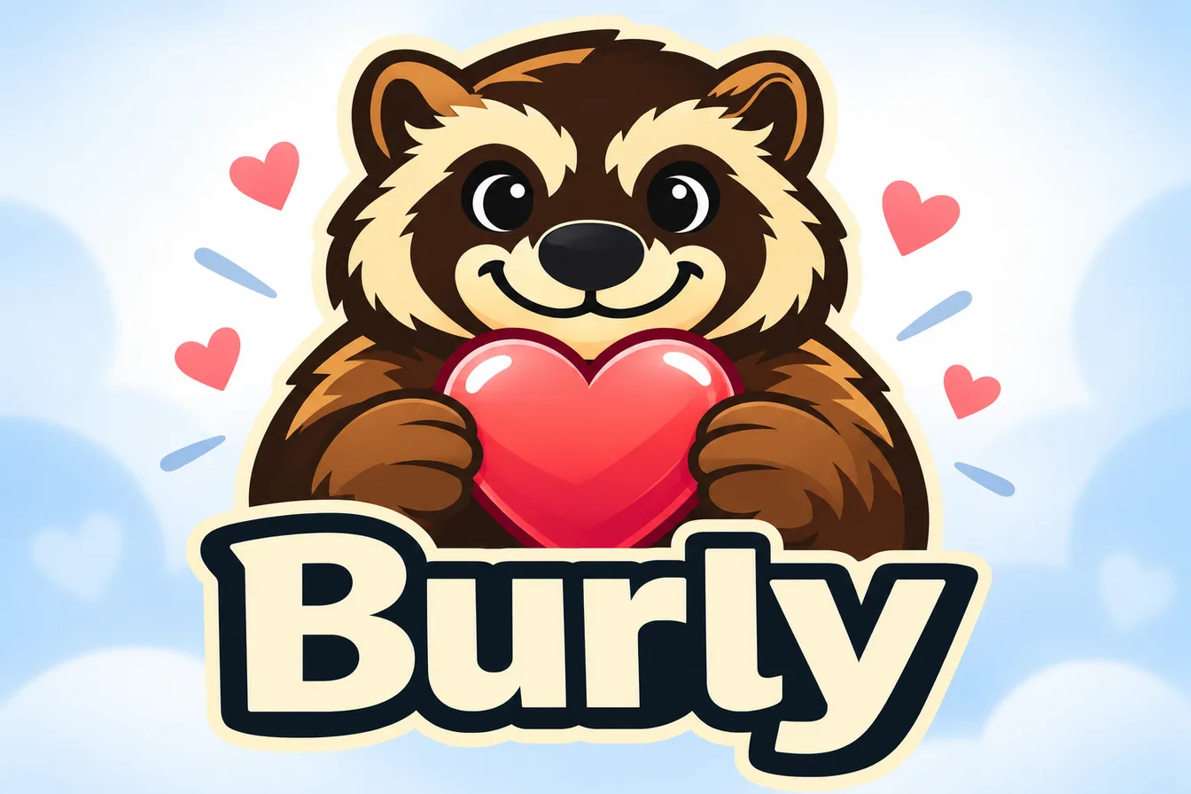 The Burly mascot, a smiling wolverine, hugging a big red heart above the Burly wordmark, with small hearts floating against a pale blue sky.