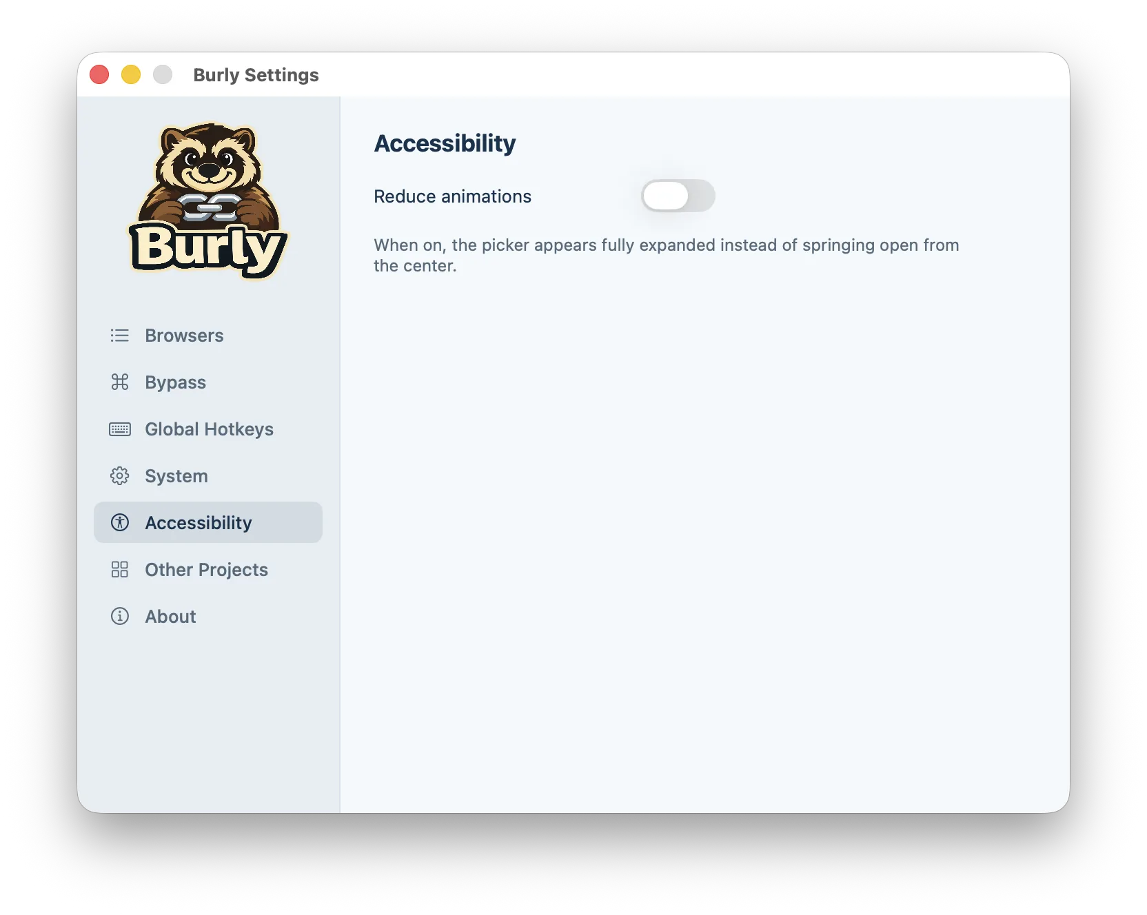 Burly's Accessibility settings pane: a reduce-animations toggle that makes the picker appear fully expanded instead of animating open.