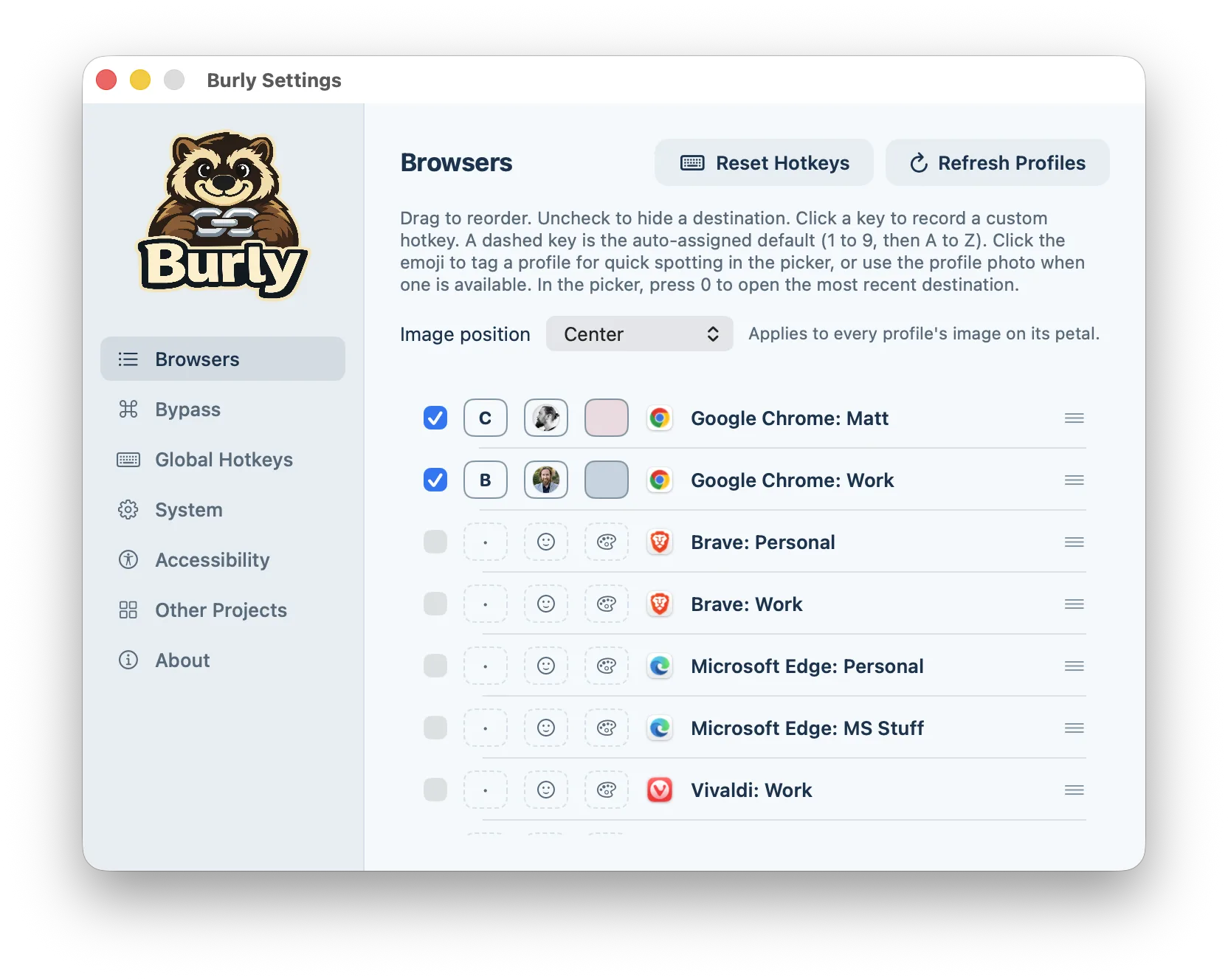 Burly's Browsers settings pane: a reorderable list of browser profiles, each with a checkbox, a custom-key field, an emoji, and a color swatch.