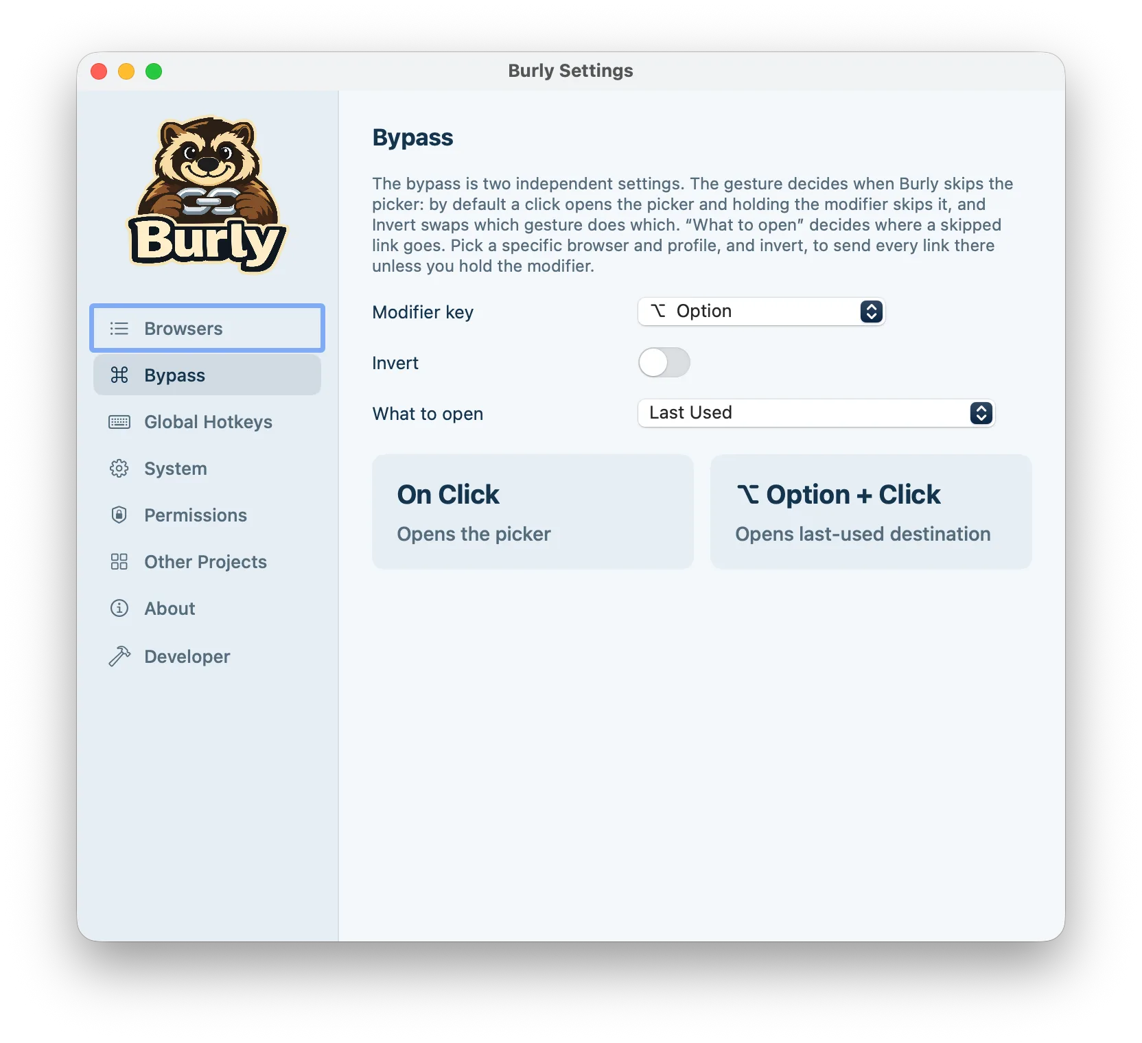 Burly's Bypass settings pane: a modifier-key picker, an invert toggle, a What to open selector set to Last Used, and two cards showing that a click opens the picker while Option-click opens the last-used destination.