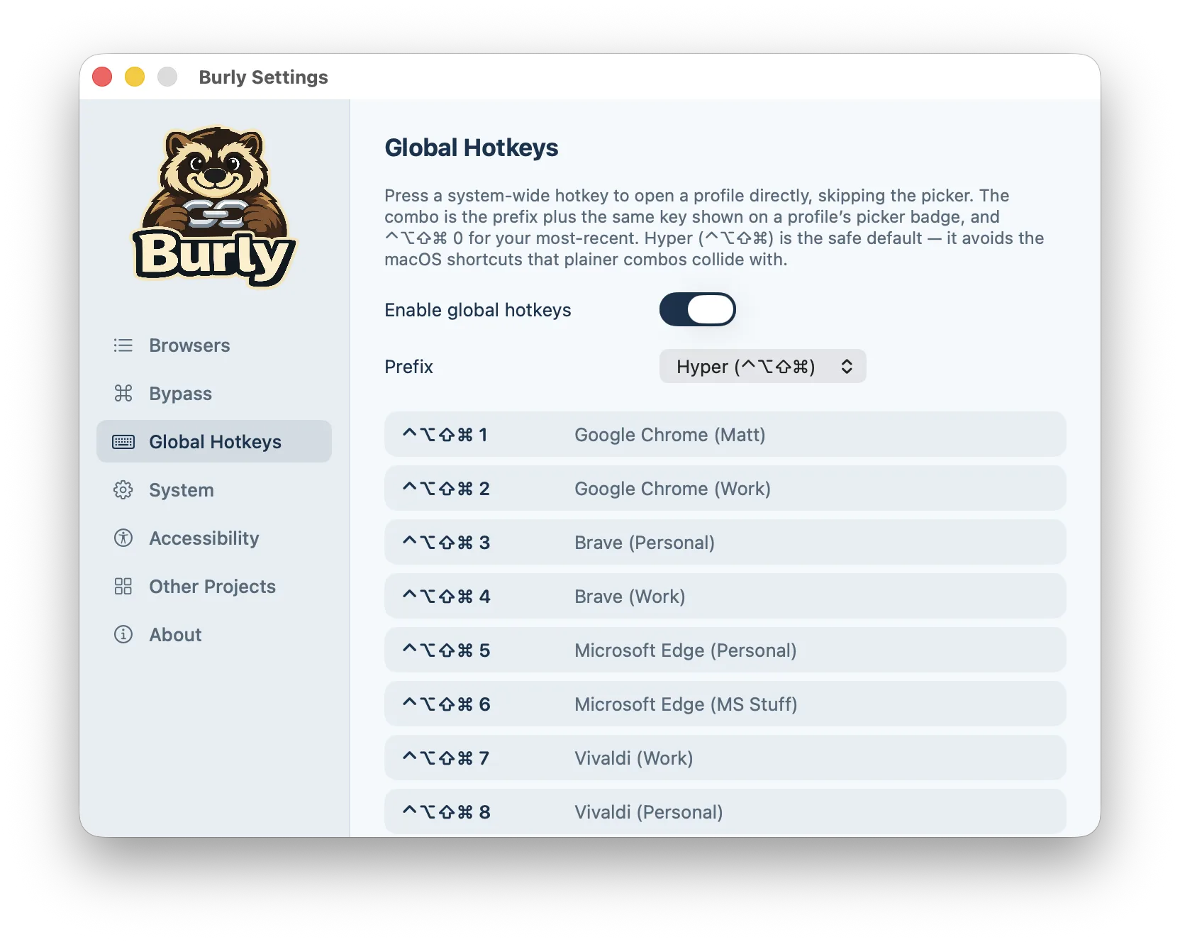 Burly's Global Hotkeys settings pane: an enable toggle, a Hyper prefix picker, and a list of profiles each paired with its system-wide shortcut.
