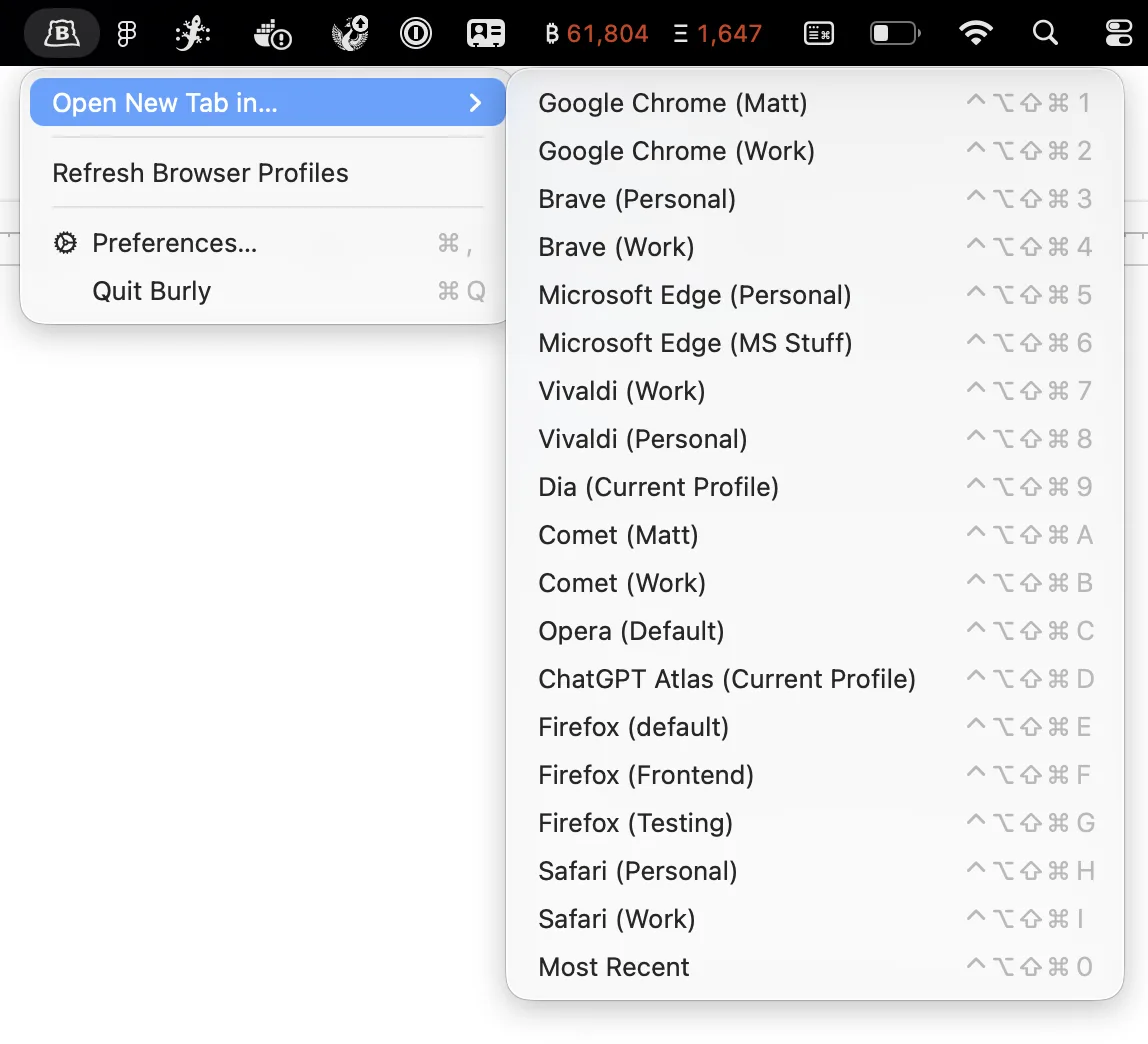 Burly's menu bar dropdown with an Open New Tab in submenu, listing every browser profile with each one's global hotkey shown alongside.