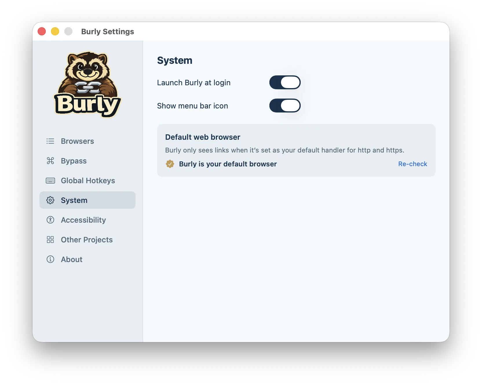 Burly's System settings pane: toggles for launch at login and showing the menu bar icon, plus a card confirming Burly is the default web browser.